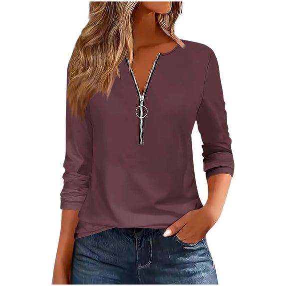 CHGBMOK Long Sleeve T Shirts for Womens Zipper Crew Neck Blouses Solid Colour Loose Casual Tunic