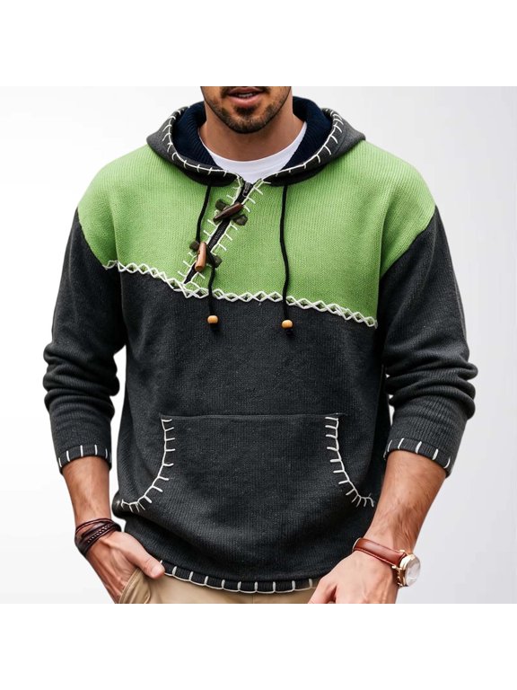 Men's & Big Men's Color Block Sweater Vintage Toggle Button Hoodie Pullover Contrast Stitch Long Sleeve Knitted Top with Pocket