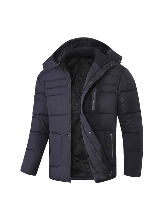 Men's & Big Men's Fleece Lined Hooded Puffer Jacket Heavy Warmth Zip Up Quilted Insulated Coat Multi Pocket Windproof Outerwear