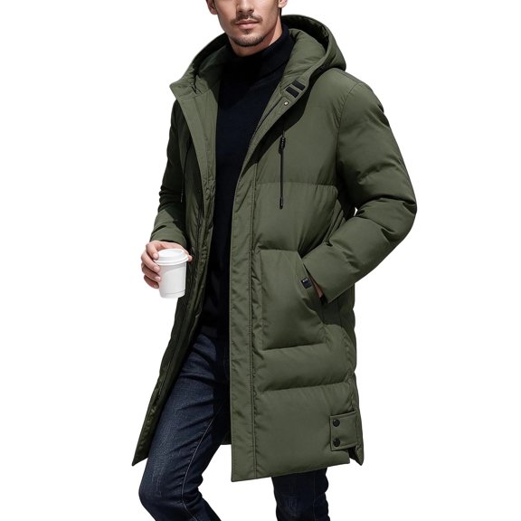 CHGBMOK Men's & Big Men's Hooded Puffer Coat Mid Long Quilted Zip Up Insulated Winter Jacket Heavy Warmth Loose Fit Padded Outerwear
