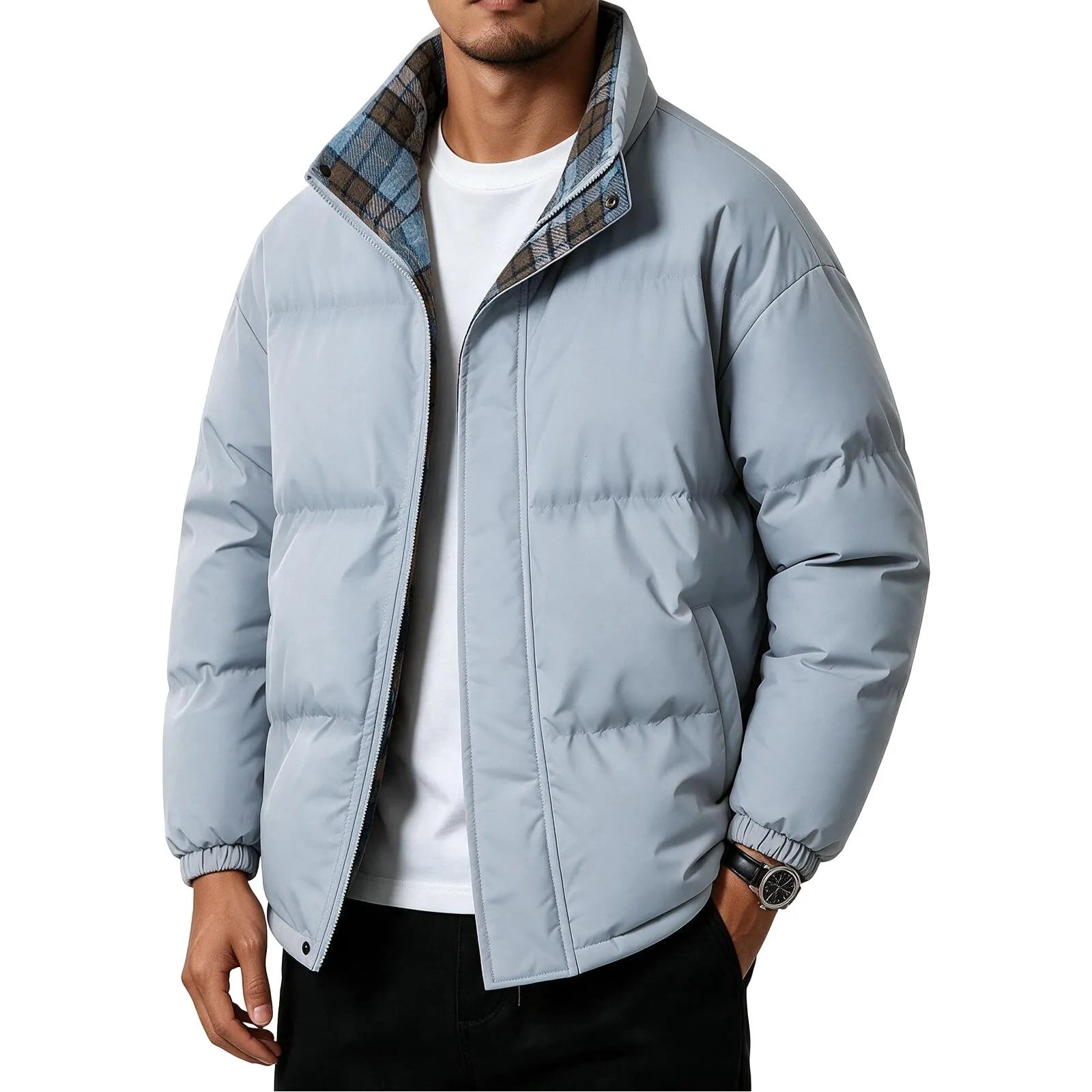 CHGBMOK Men's & Big Men's Stand Collar Puffer Jacket Plaid Lined Warm ...