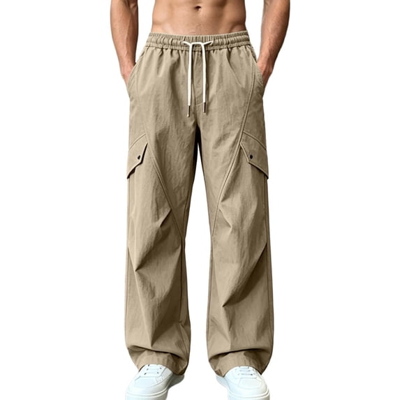CHGBMOK Men's Big & Tall Wide Leg Pants Drawstring Elastic Waist Straight Trousers Loose Fit Streetwear with Flap Pockets