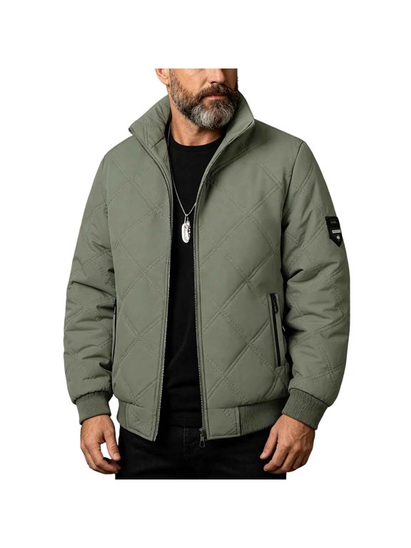 Men's Fleece Lined Bomber Jacket Diamond Full Zip Quilted Winter Warm Coat Stand Collar Windproof Outerwear with Pockets