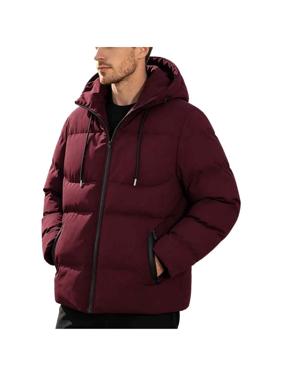 Men's Hooded Puffer Jacket Insulated Quilted Full Zip Winter Coat Drawstring Hood Casual Short Padded Parka