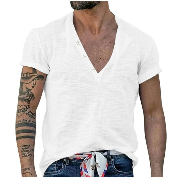 CHGBMOK Men's T-shirts Shirts Retro Short Sleeve Tee Shirts Casual Button Down Washed T-Shirts for Men S-3XL