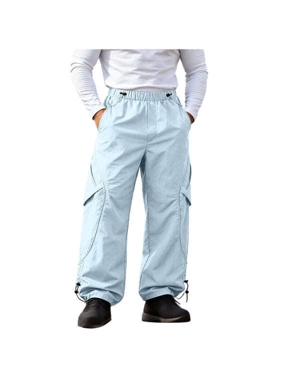 Men’s Wide Leg Parachute Cargo Pants Lightweight Quick Dry Nylon Hiking Trousers Elastic Drawstring Waist Adjustable Cuffs Utility Slacks