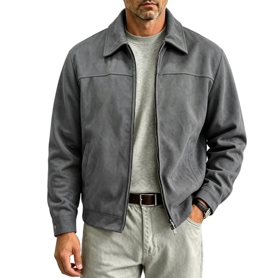 CHGBMOK Men's Zip Up Jacket Classic Lapel Casual Trucker Coat Long Sleeve Solid Color Lightweight Outerwear with Pockets