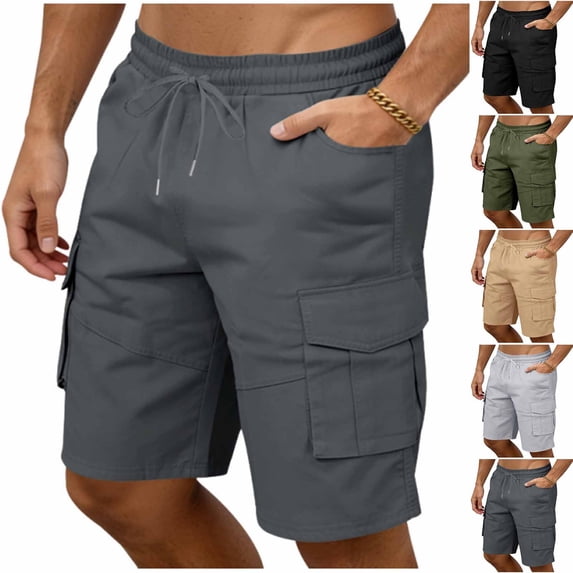 CHGBMOK Mens Cargo Short Pants Drawstring Waist Shorts with Multi Pockets Solid Color Outdoor Athletic Training Shorts