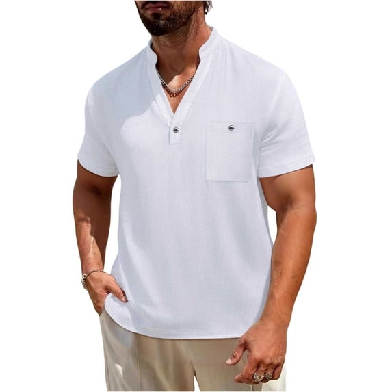CHGBMOK Mens Cotton Linen Henley Shirts Casual Short Sleeve V Neck Solid T Shirt Summer Beach Vacation Tee Top with Pockets