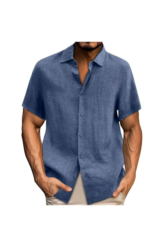 CHGBMOK Mens Dress Shirts Casual T-shirt Solid Short Sleeve Stand Collar Buttons Pullover Blouse Sizes S-5XL