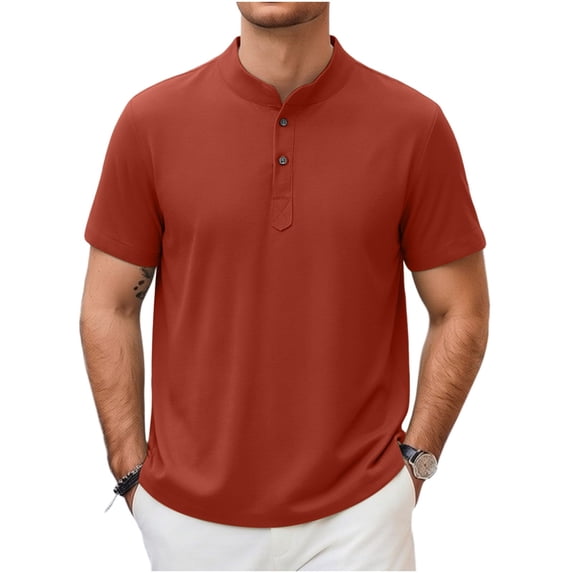 CHGBMOK Mens Henley Shirts Short Sleeve Linen Casual T Shirts Summer Basic Top Solid Collarless Shirts Plus Size
