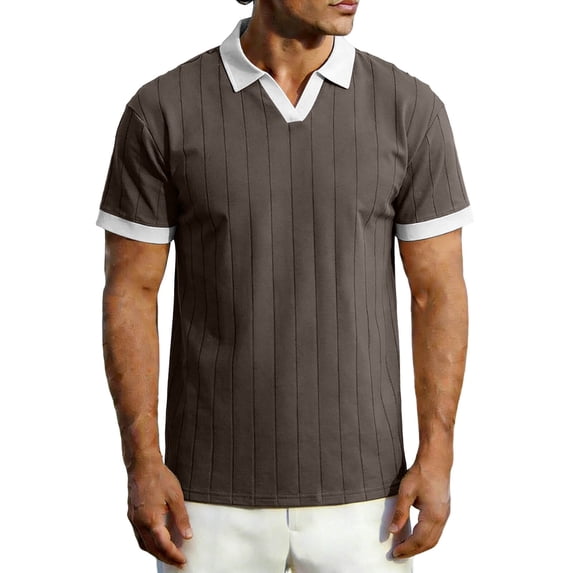 CHGBMOK Mens Short Sleeve Collared V Neck T Shirts Slim Fit Textured Casual Golf Shirt Cozy Lightweight Top with Contrast Collar