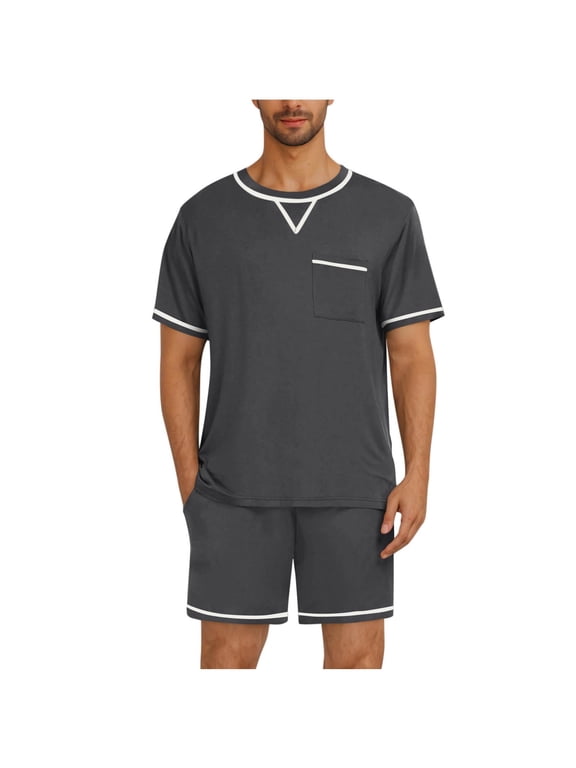 Mens Short Sleeve Pajama Set Sleepwear Lightweight Dry TShirts and Shorts Pants Soft Outfit (Gray,S)