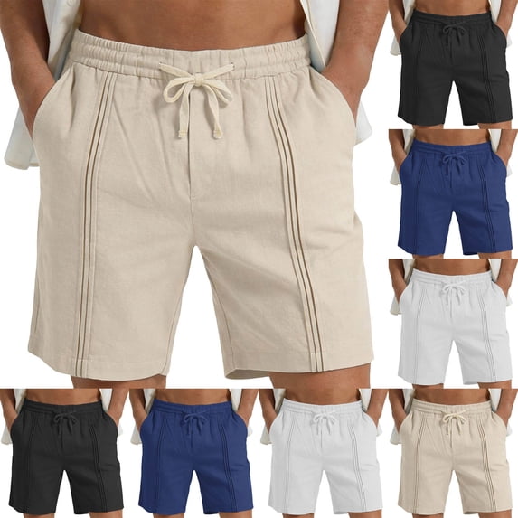 CHGBMOK Mens Shorts Solid Color Trendy Linen Shorts Drawstring Elastic Waist Casual Shorts Summer Beach Vacation Outfits