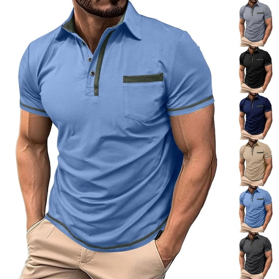 CHGBMOK Mens T-Shirts Short Sleeve Button Collared Neck Casual Shirts Solid Basic Tees Summer Trendy Stretch Top with Pockets