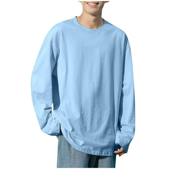CHGBMOK Mens T Shirts Solid Color Loose Fitting Pullover Casual Base Round Neck Long Sleeved,Sizes S-3XL