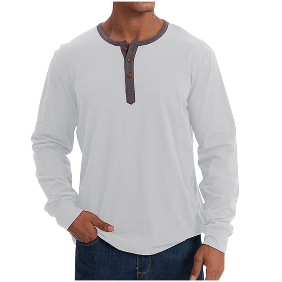 CHGBMOK Mens T-shirts Solid Color Casual Fashion Button Round Neck Long Sleeve,Sizes S-2XL