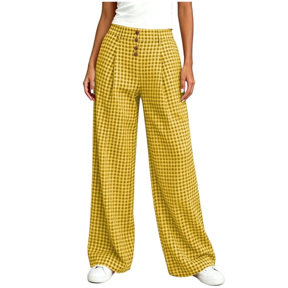 CHGBMOK Palazzo Pants for Women High Waist Button Front Trousers Plaid Casual Wide Leg Pants