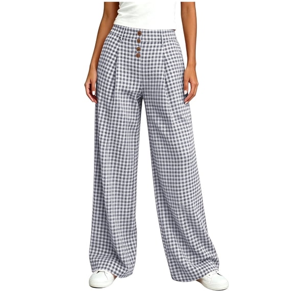 CHGBMOK Palazzo Pants for Women High Waist Button Front Trousers Plaid Casual Wide Leg Pants