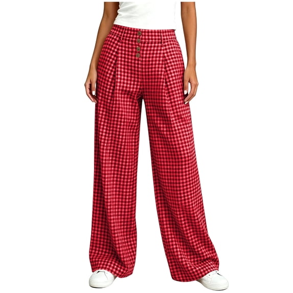 CHGBMOK Palazzo Pants for Women High Waist Button Front Trousers Plaid Casual Wide Leg Pants