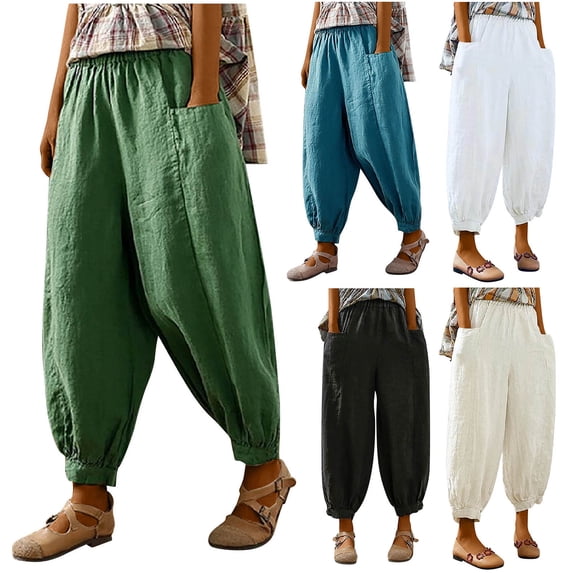 CHGBMOK Pants for Women Fall Fashion 2025 Trendy Casual Summer Elastic High Waist Linen Pant Pockets Trouser Office Wedding Birthday Gift Outfits Sweatpants on Clearance Green