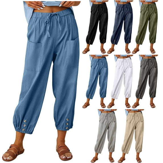 CHGBMOK Pants for Women Fashion Summer Casual Loose Cotton and Linen Pocket Solid Trousers Pants S-3XL