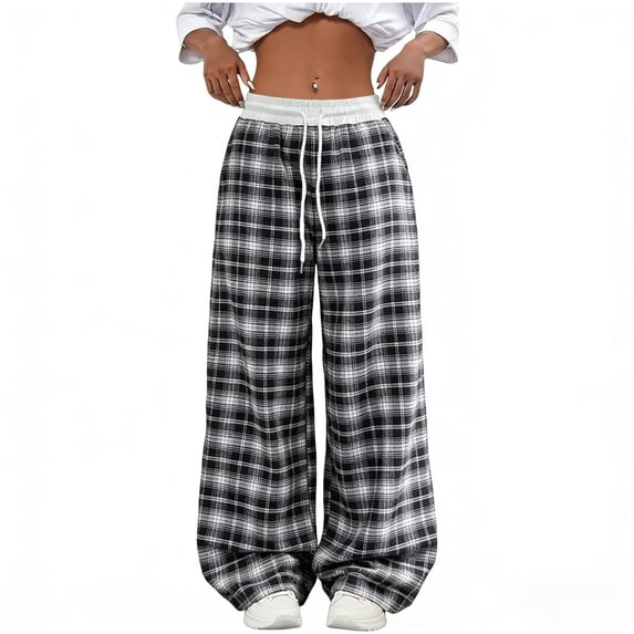 CHGBMOK Plaid Pants for Women Drawstring Elastic Waist Pants Lounge Wide Leg Baggy Sweatpants with Pockets