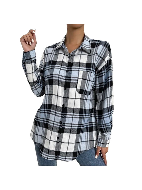 Women's Long-Sleeve Lightweight Plaid Flannel Shirt Button Down Shirt Blouses
