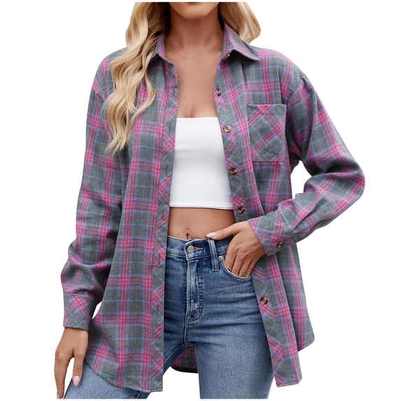 CHGBMOK Womens Button Down Flannel Shirts Long Sleeve Plaid Shackets Business Casual Blouse Top
