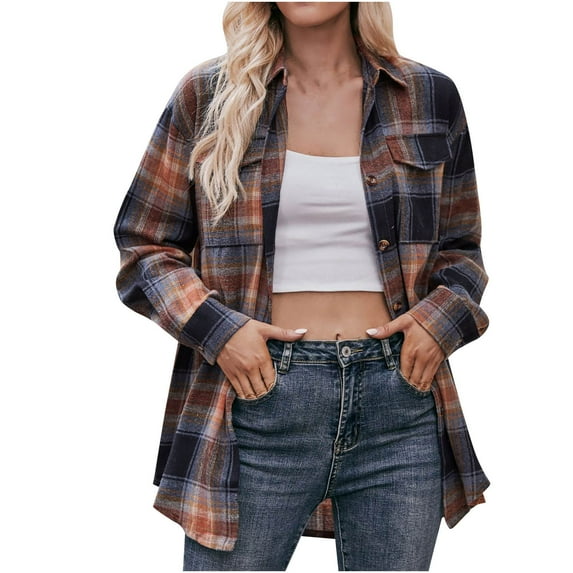 CHGBMOK Women's Button Down Flannel Shirts Plaid Shacket Long Sleeve Collared Business Casual Tops Work Blouses