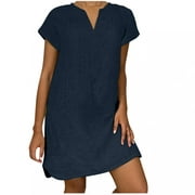 CHGBMOK Plus Size Cotton Linen Dresses for Women V-Neck Short Sleeve Summer Midi Dress