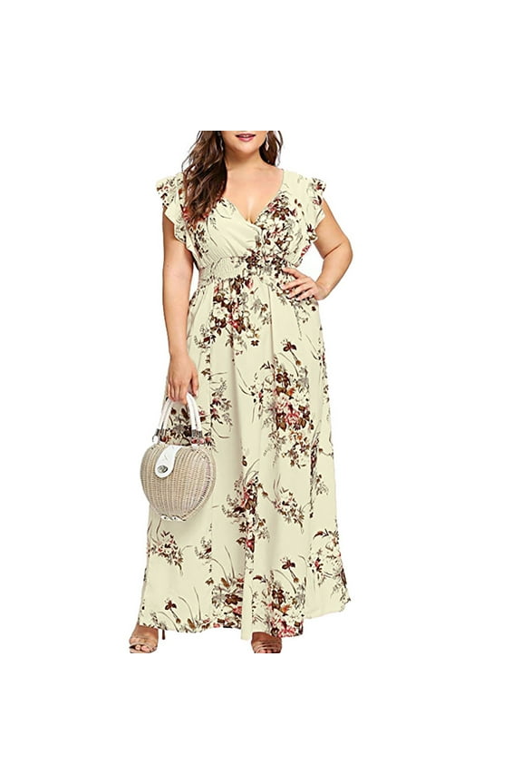 Plus Size Dresses for Women 2024 Boho Sleeveles Sundresses Floral Print Ruffle Hem Maxi Dress Casual Beach Party