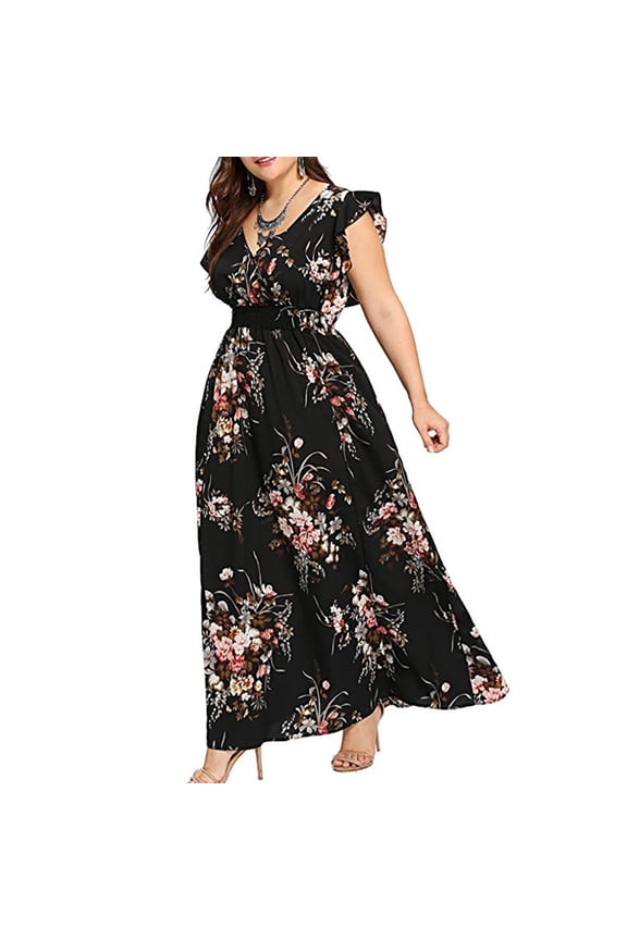Plus Size Dresses for Women 2024 Boho Sleeveles Sundresses Floral Print Ruffle Hem Maxi Dress Casual Beach Party