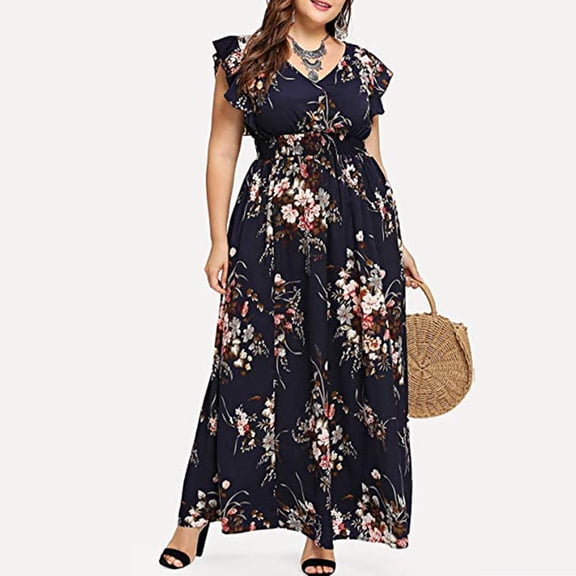 CHGBMOK Plus Size Dresses for Women 2024 Boho Sleeveles Sundresses Floral Print Ruffle Hem Maxi Dress Casual Beach Party