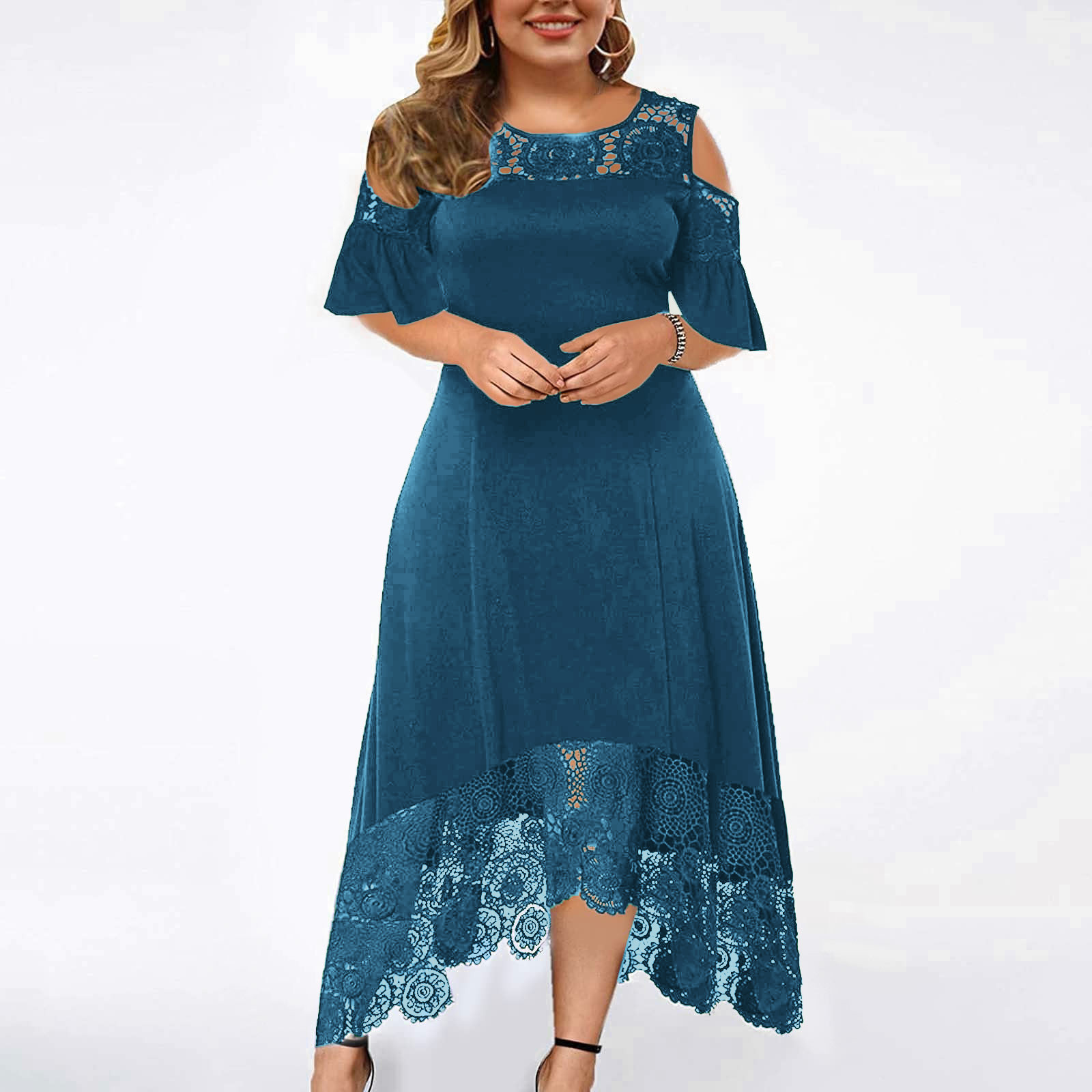 CHGBMOK Plus Size Dresses for Women Cold-Shoulder Ruffle Lace Splicing ...