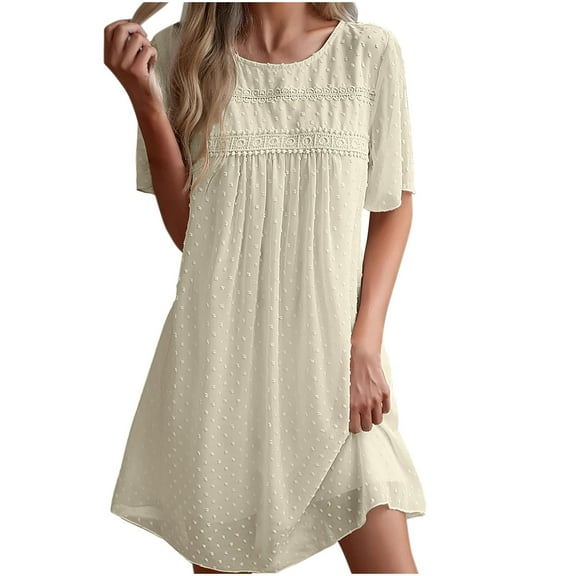CHGBMOK Plus Size Dresses for Women Summer Round Neck Sexy Double-layer Lace Solid Short Sleeve Dresses Sizes S-2XL