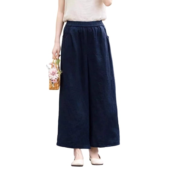 CHGBMOK Plus Size Pants for Women Cotton Linen Wide Leg Pants Elastic Waist Summer Comfy Flowy Palazzo Trousers