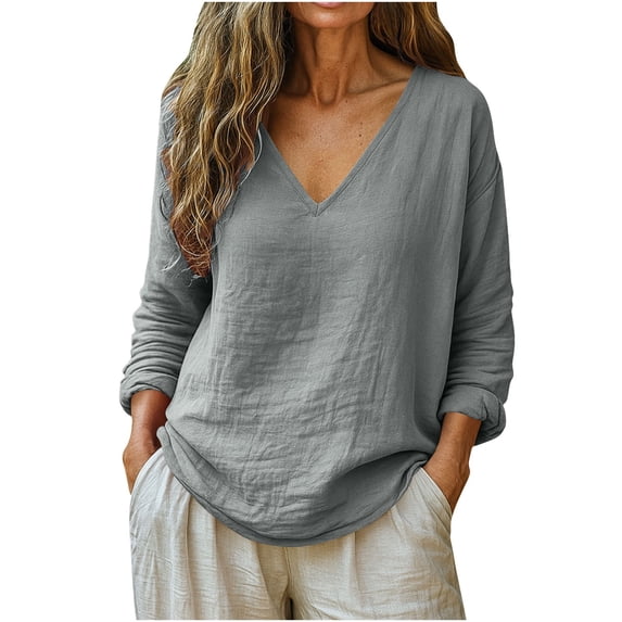 CHGBMOK Cotton Linen Shirts for Women Long Sleeve V Neck Tunic Tops Casual Loose Fit Plus Size Blouses