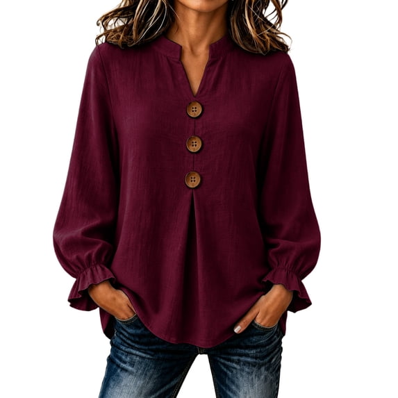 CHGBMOK Plus Size Shirts for Women Oversized Long Sleeve Pullover V-Neck Button Ruffle Loose Top