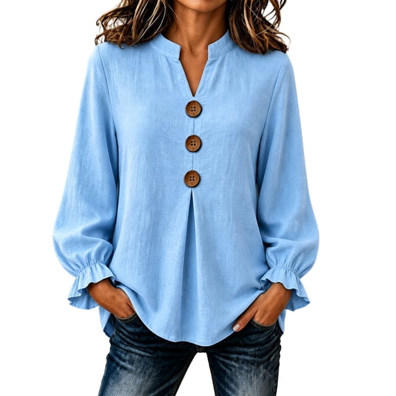CHGBMOK Plus Size Shirts for Women Oversized Long Sleeve Pullover V-Neck Button Ruffle Loose Top