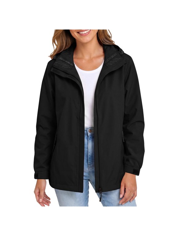 Plus Size Waterproof Rain Jacket for Women Hooded Windbreaker Zip Front Jacket Adjustable Cuffs Shell with Pockets