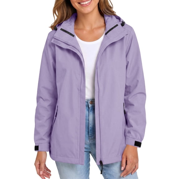CHGBMOK Plus Size Waterproof Rain Jacket for Women Hooded Windbreaker Zip Front Jacket Adjustable Cuffs Shell with Pockets
