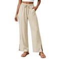 thumbnail image 1 of CHGBMOK Plus Size Wide Leg Striped Pants for Women Slit Bottom Edge Casual Trousers High Waist Drawstring Pants with Pockets, 1 of 7