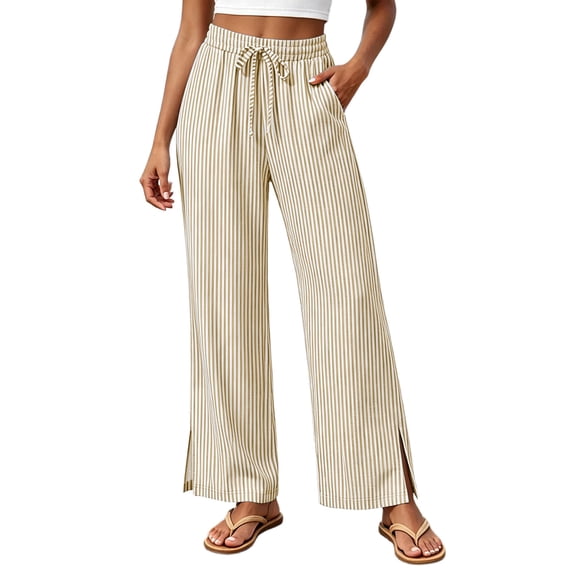 CHGBMOK Plus Size Wide Leg Striped Pants for Women Slit Bottom Edge Casual Trousers High Waist Drawstring Pants with Pockets