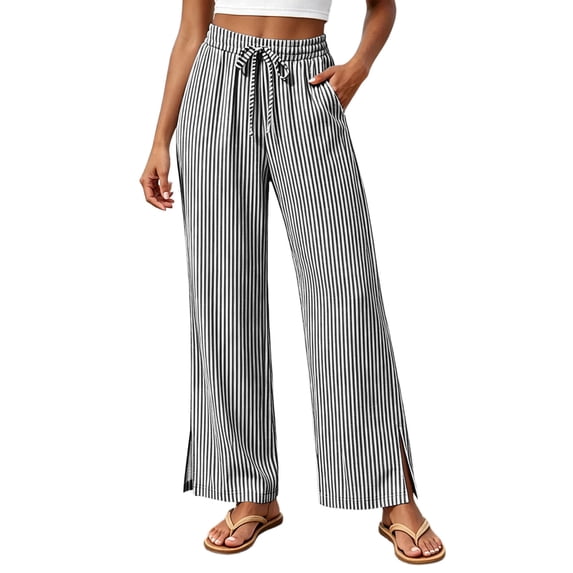 CHGBMOK Plus Size Wide Leg Striped Pants for Women Slit Bottom Edge Casual Trousers High Waist Drawstring Pants with Pockets