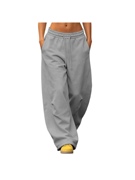 Plus Size Women's Baggy Sweatpants Curved Wide Leg Pants Drawstring Elastic Waistband Pants with Side Pockets