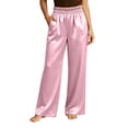 thumbnail image 1 of CHGBMOK Plus Size Women's Satin Pants Ruffled Waistband Wide Leg Pants High and Elastic Waist Trousers with Pockets, 1 of 8