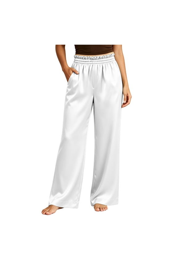 Plus Size Women's Satin Pants Ruffled Waistband Wide Leg Pants High and Elastic Waist Trousers with Pockets