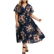 CHGBMOK Plus Size Women's Summer Dresses 2023 Boho Short Sleeve Floral Print Maxi Dress Navy