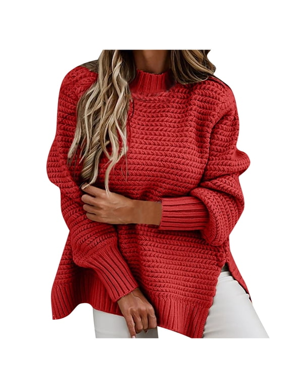 CHGBMOK Pullover Sweater for Women Solid Color Long Sleeve O-Neck Knitted Sweater Tops Red